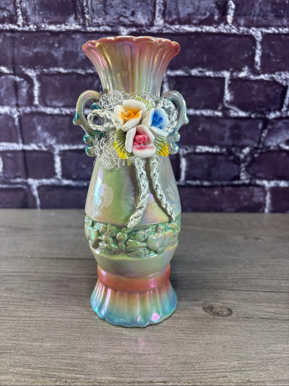 Vintage Lusterware Iridescent Multicolor Floral Accent Vase
